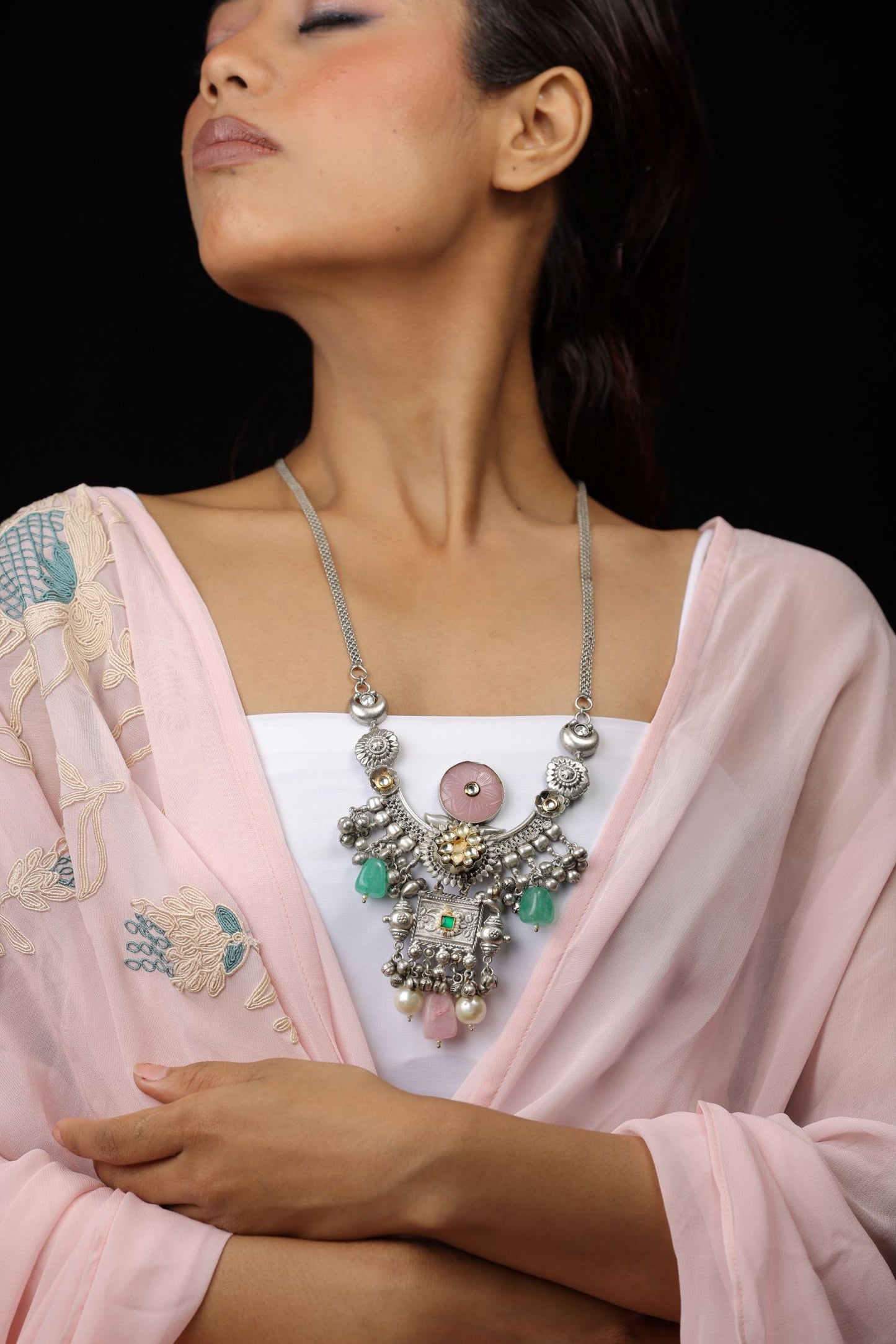 Oxidized Finish Kundan Polki & Synthetic Stone  Necklace