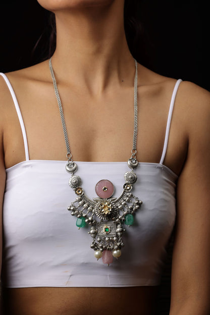 Oxidized Finish Kundan Polki & Synthetic Stone  Necklace