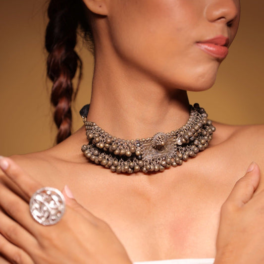 Statement Silver Choker Neckpiece With ghungroo