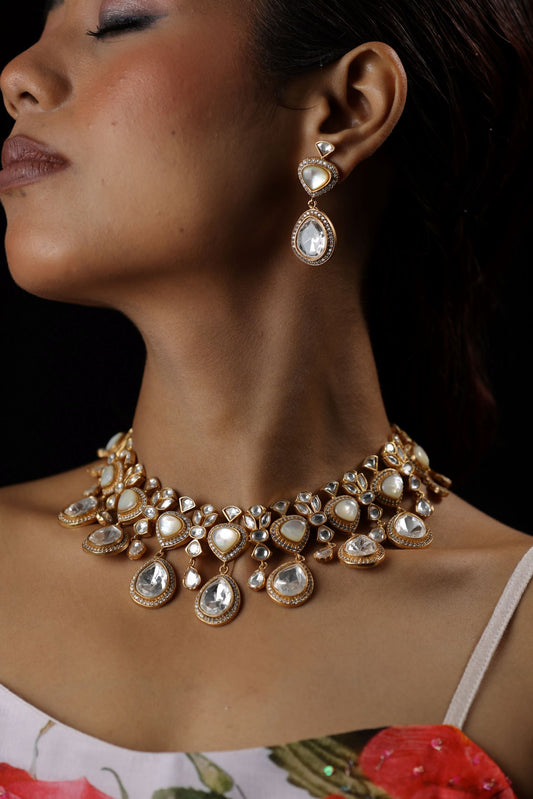 Kundan work multiple strands polki imitation stone neckpiece