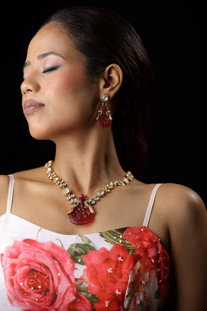 White stone polki work  green pendant Neckpiece