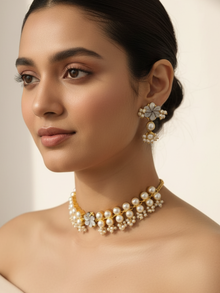 Gold Tone Flower Design White Pearl Choker Neckpiece