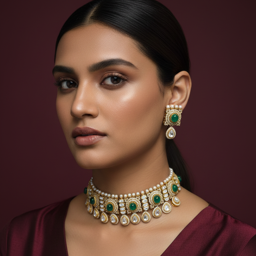 Royal Green Stone & Pearl Choker Neckpiece Set with Matching Earrings ? Bridal & Party Wear