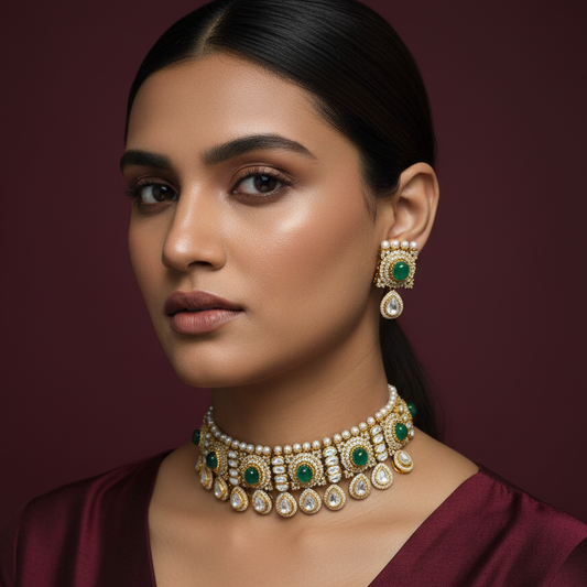 Royal Green Stone & Pearl Choker Neckpiece Set with Matching Earrings ? Bridal & Party Wear