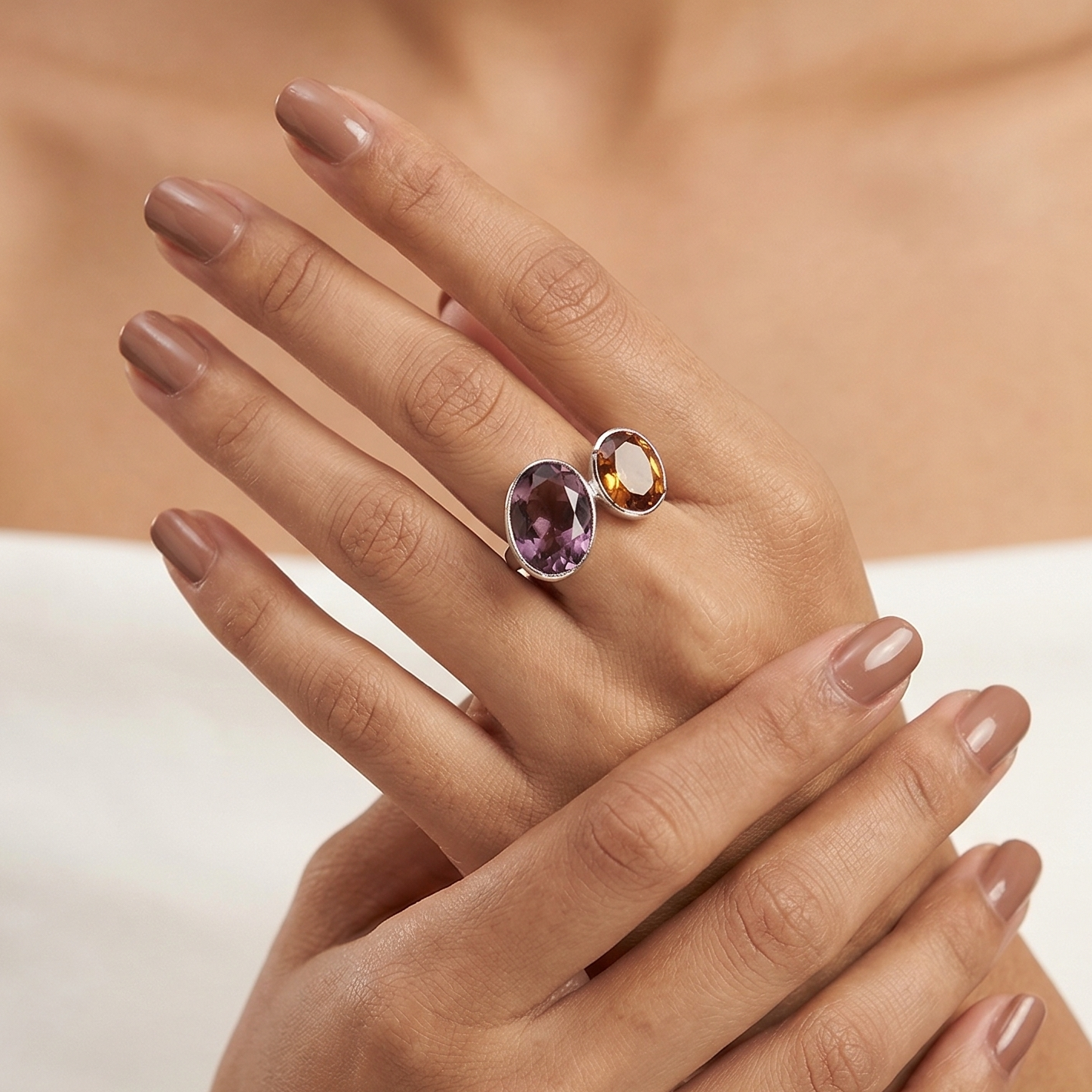 Dual Gemstone Statement Ring  Elegant Purple & Amber Crystal Adjustable Ring for Women