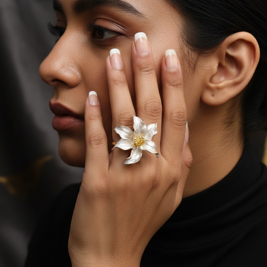 Pearl Blossom Statement Ring  Elegant Floral Adjustable Ring for Women
