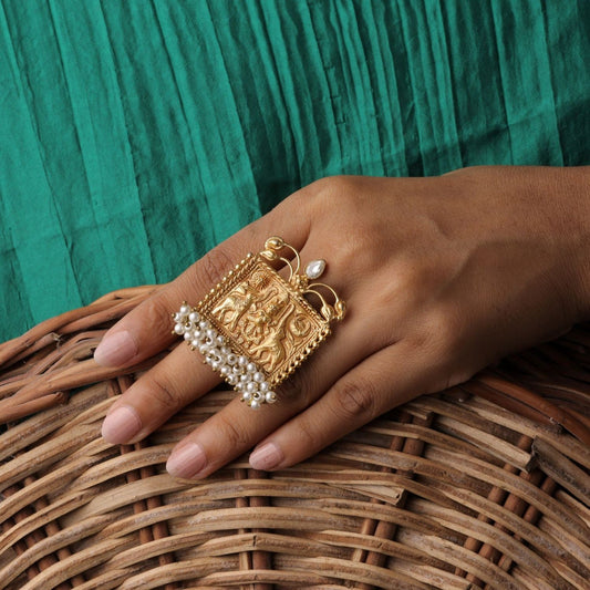 Ethnic Gold Finish Ring With Moti