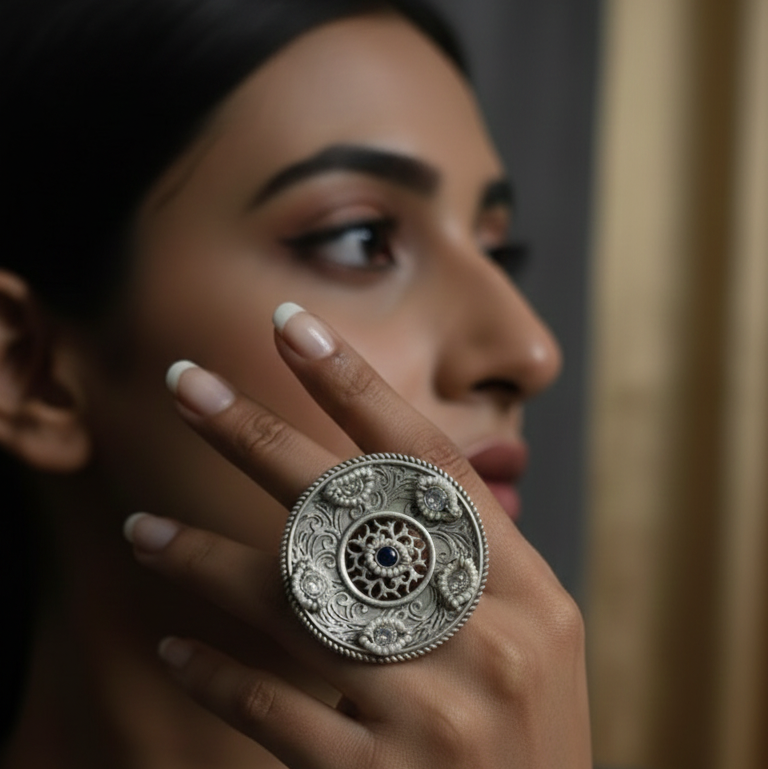 Silver Statement Ring With Kundan