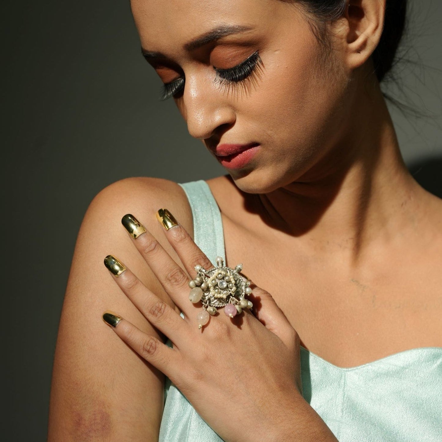 Silver Flower Design Ring With Stone