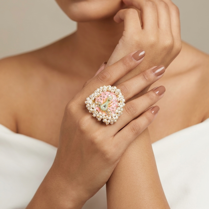 Hand painted Meenakari Cocktail Ring With Pearls