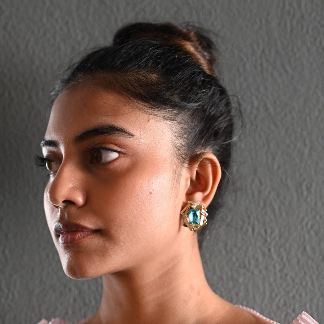 Golden With Blue Stone Stud Earring