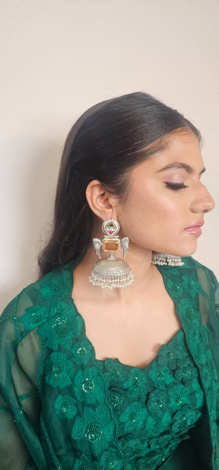 Silver Bird Motif Jhumka Earring