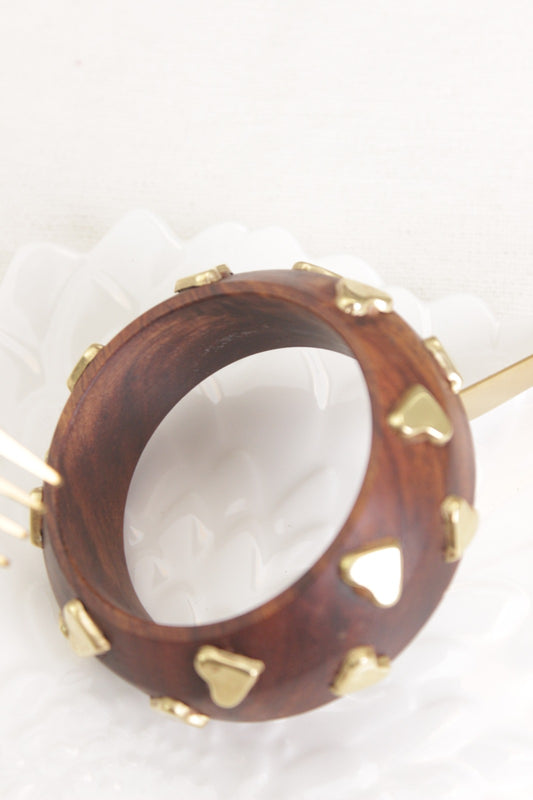 Wooden Chunky Bracelet With golden heart emblished