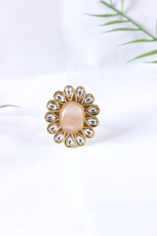 Golden Flower Design Kundan Ring