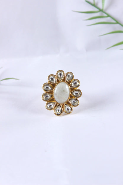 Golden Flower Design Small Oval Shape Kundan Ring