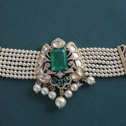 Pearl Emerald Choker Necklace Set