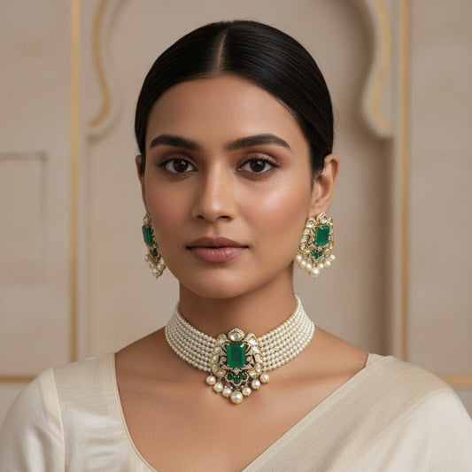 Pearl Emerald Choker Necklace Set