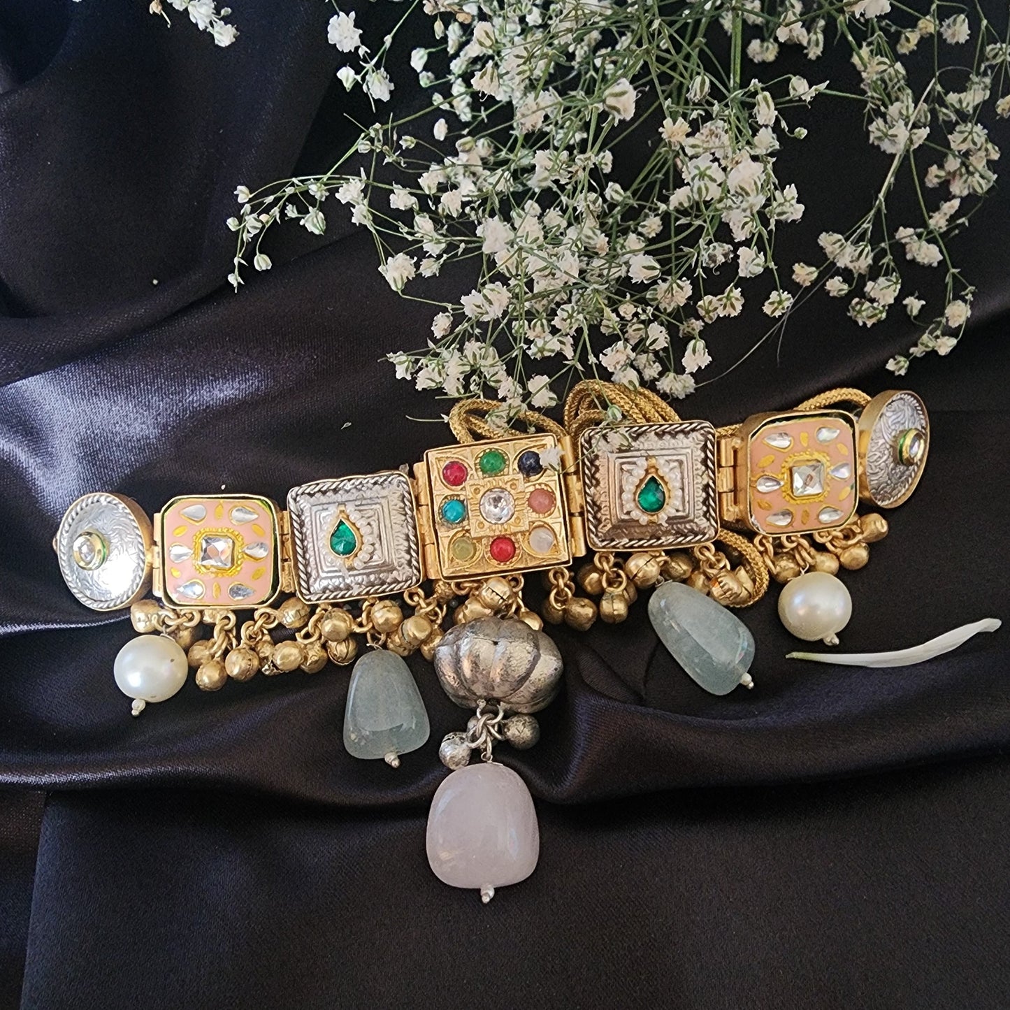 Gold Finish Choker Neckpiece With Semi Precious Stone