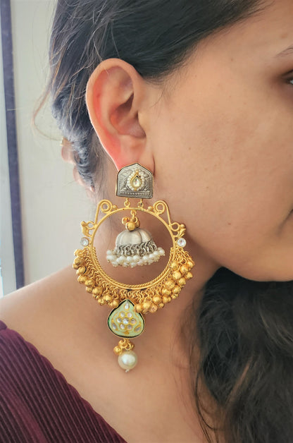 Golden And Silver Ring With Jhumka Earring