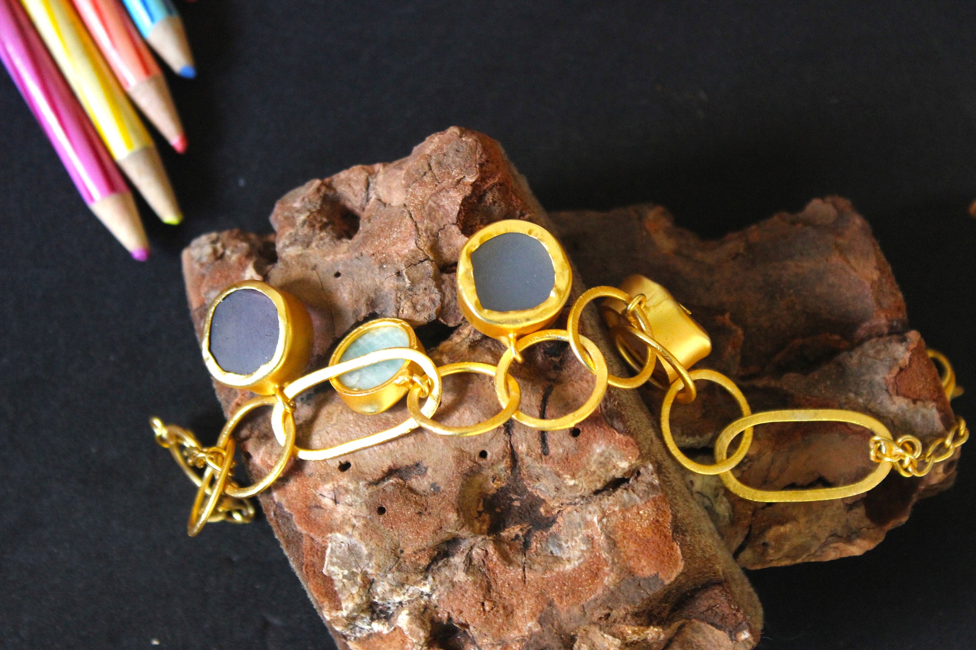 Gold Finish Chain Bracelet With Semi Precious Stone - The Bling Girll