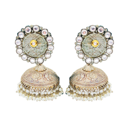 Silver Heavy Jhumka With Stones - The Bling Girll