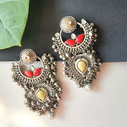 Silver Oxidised Danglers With Ruby Stone and Pearl Emblished