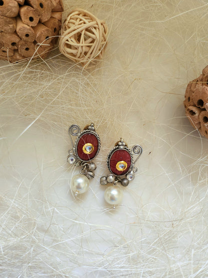 Ruby Red Stone Erring With Pearl Drop