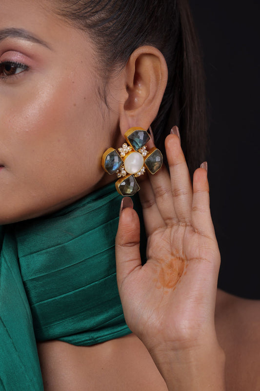 Opal Stone Flower Design Big Stud With Pearls