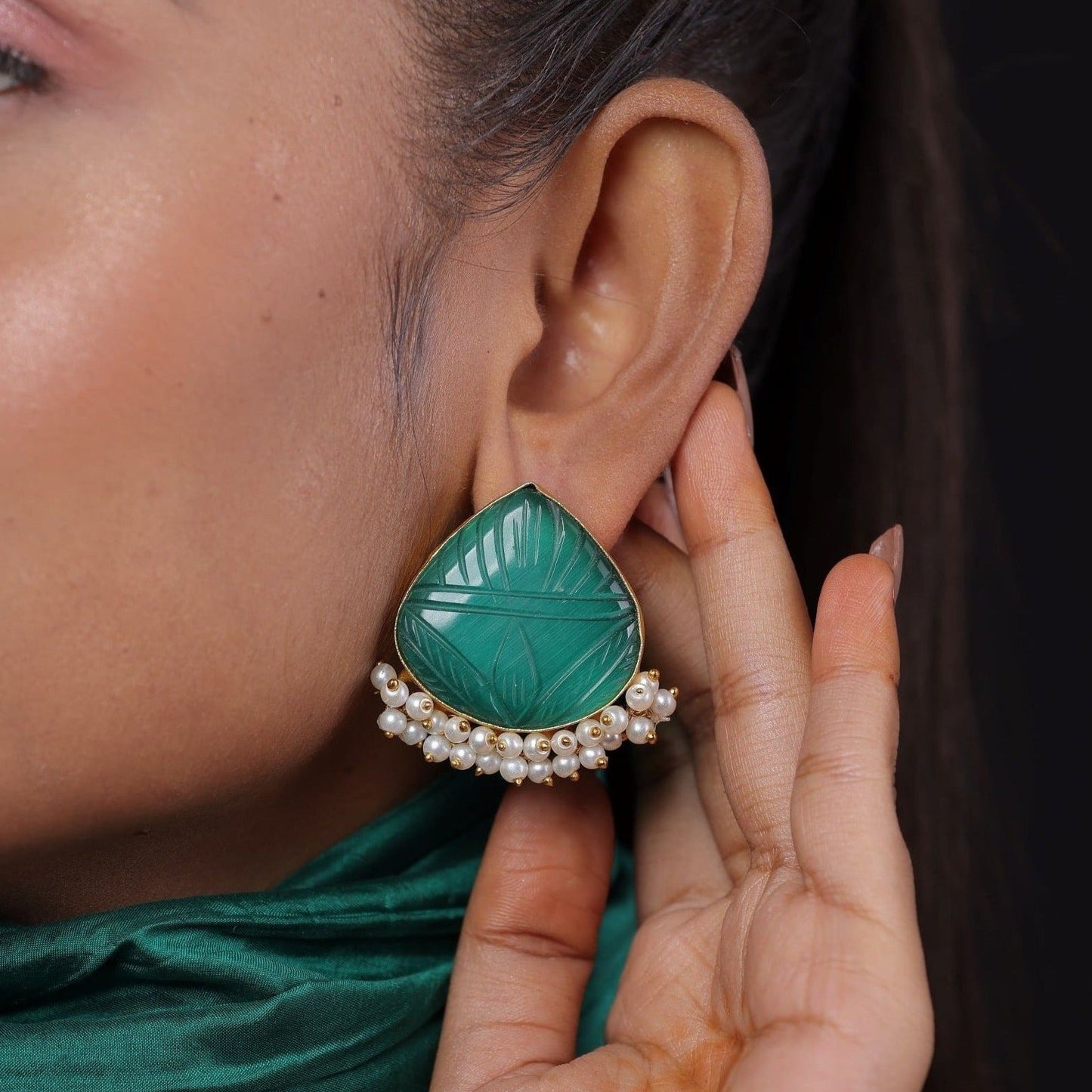 Hand Carved Gemstone Stud Earring With Pearl