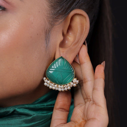 Hand Carved Gemstone Stud Earring With Pearl