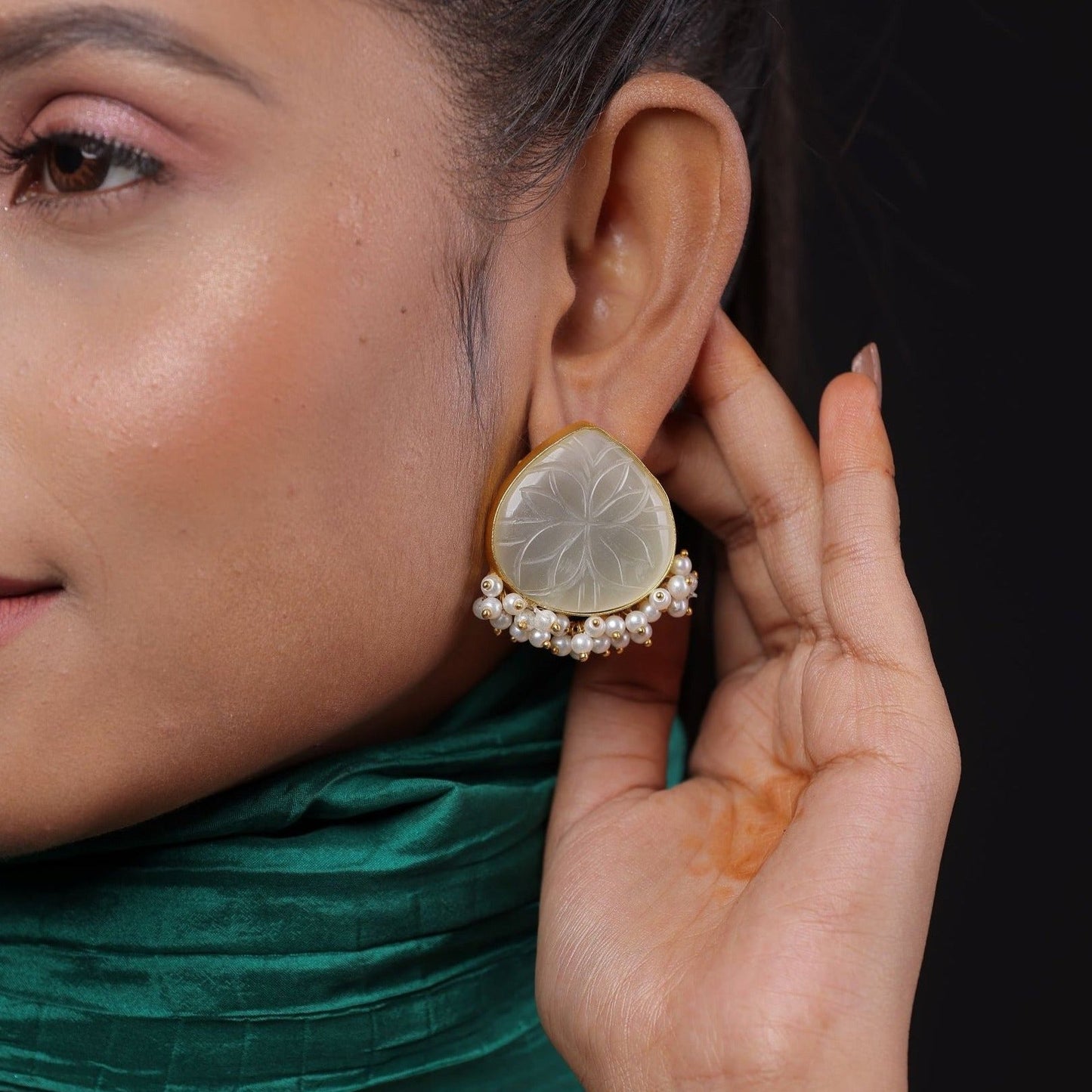 Hand Carved Gemstone Stud Earring With Pearl