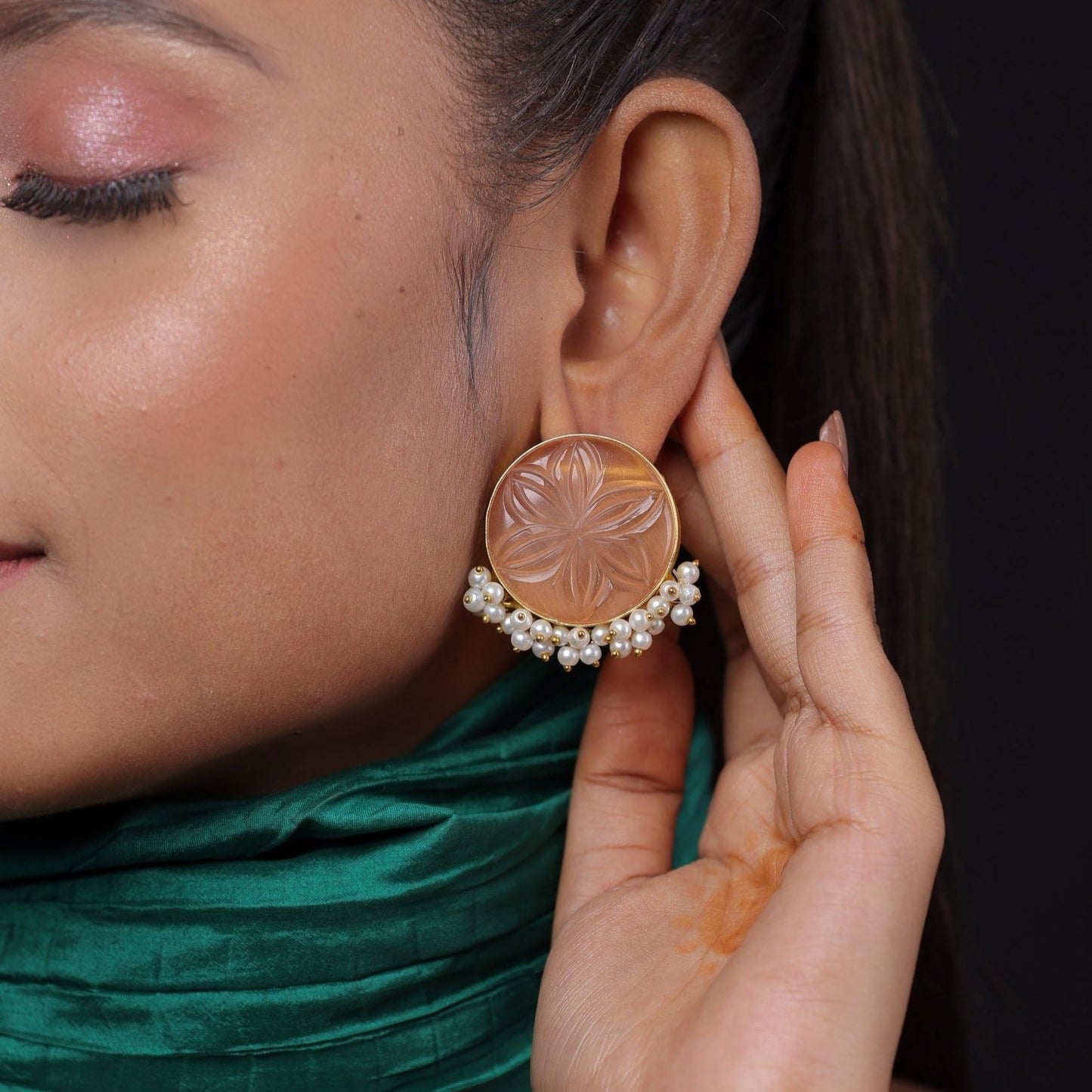 Hand Carved Gemstone Stud Earring With Pearl