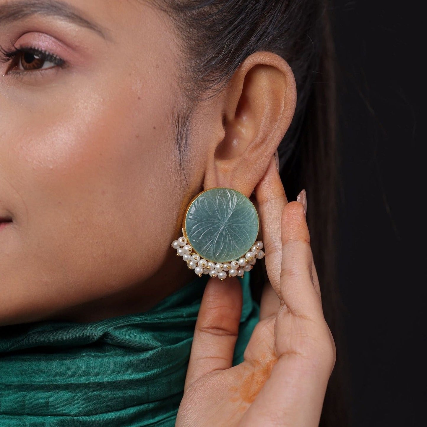 Hand Carved Gemstone Stud Earring With Pearl