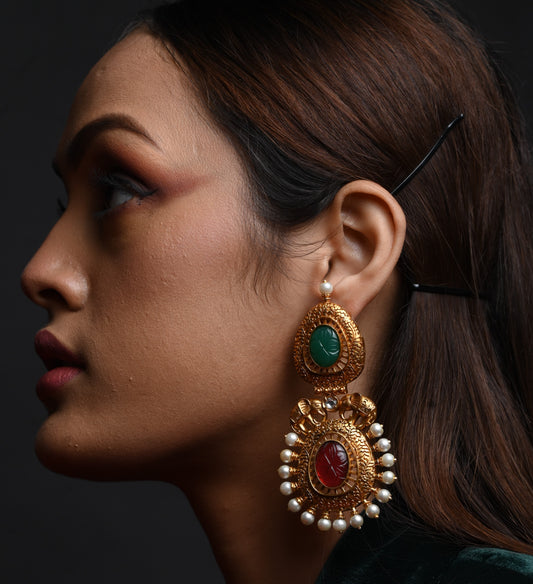 Elephant Design Golden Dangle With Moti