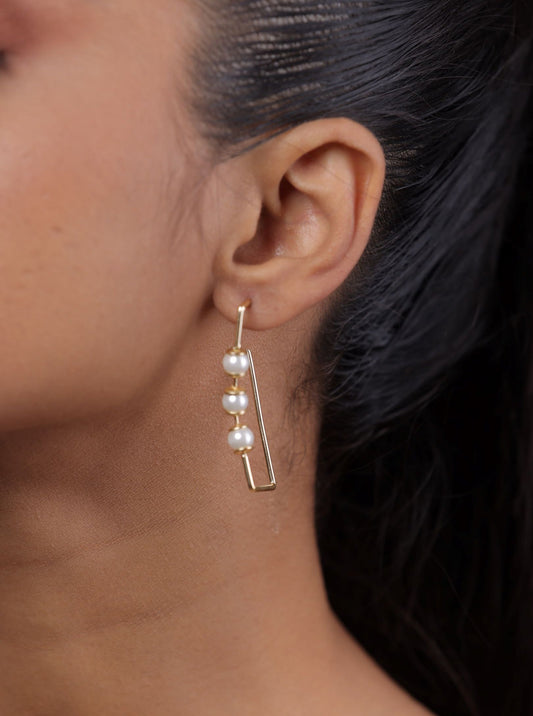 Golden Rectangle Hoop Earring With Pearl