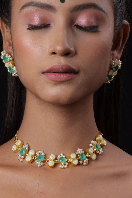 Gold Plated Semi Precious Blue Stone Pearl Choker