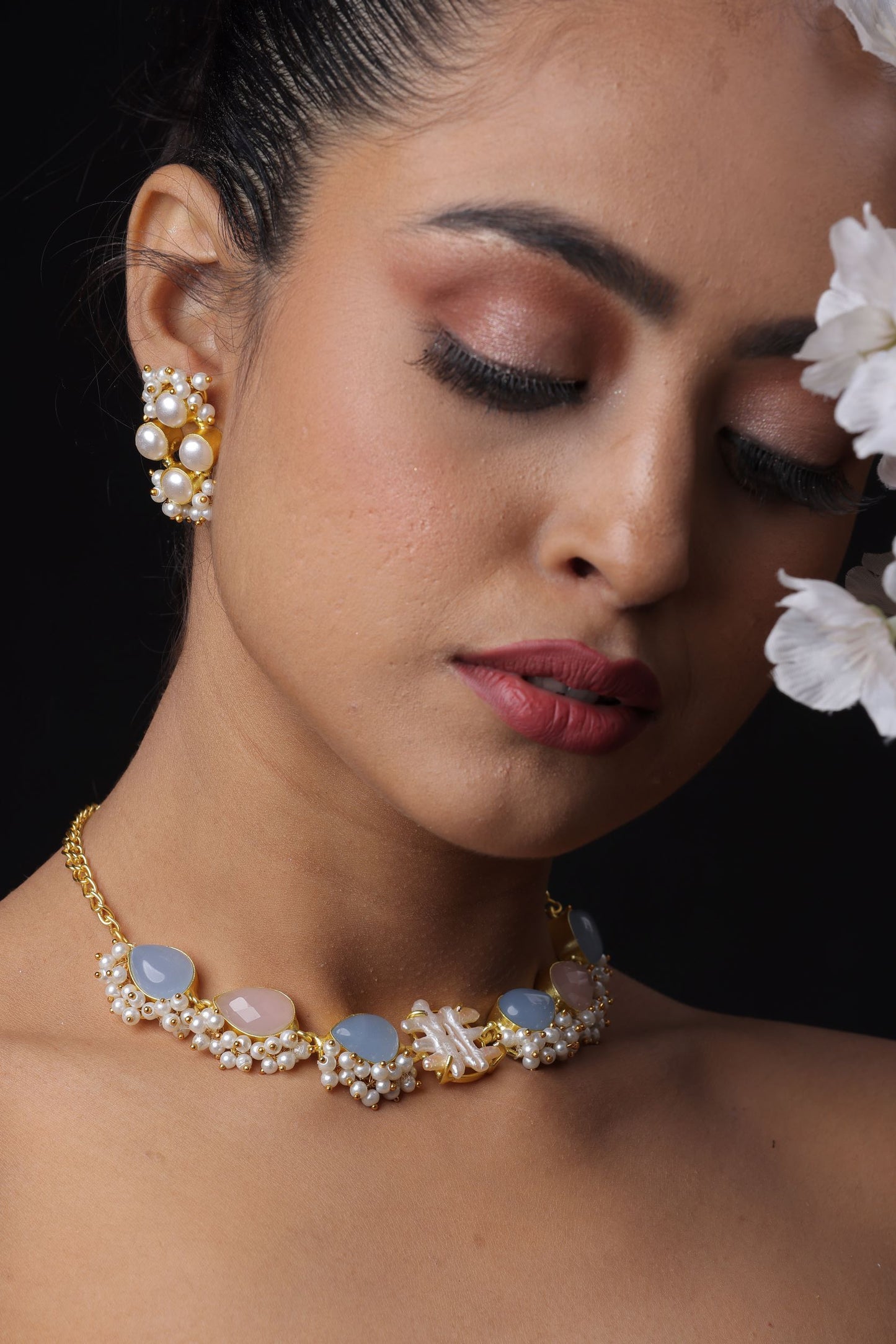 Multicolour Semi Precious Stone Choker With Pearl Drop