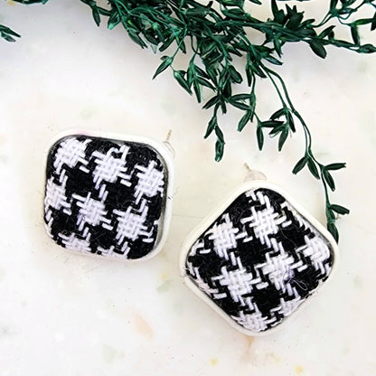 Square Textured Blacken White Stud Earring