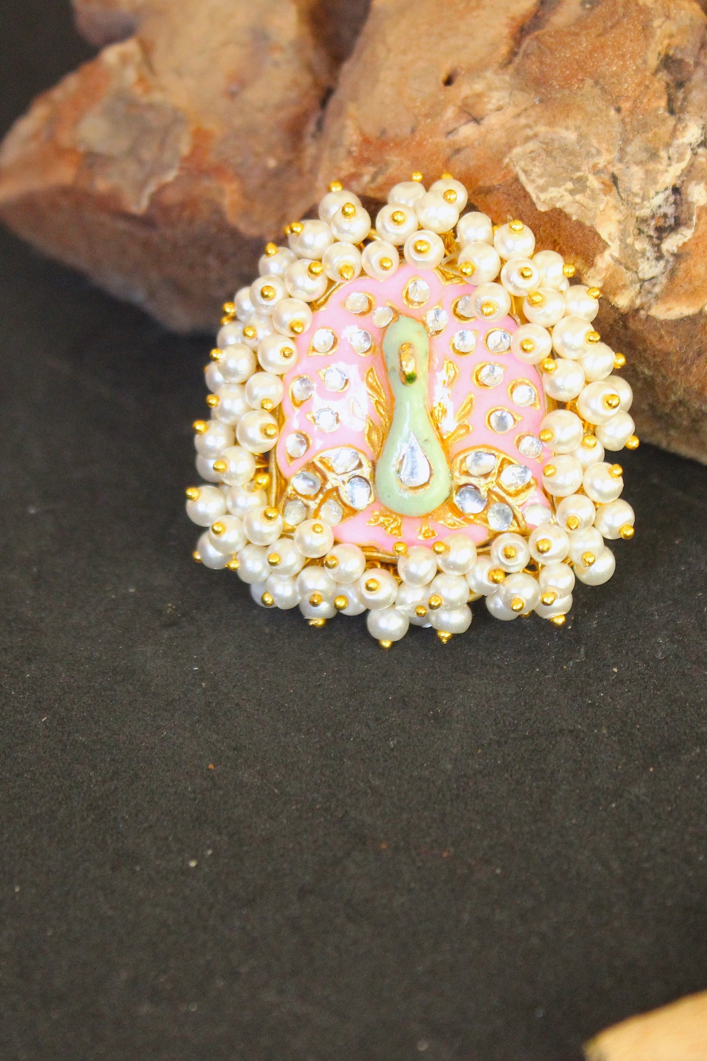 Hand painted Meenakari Cocktail Ring With Pearls