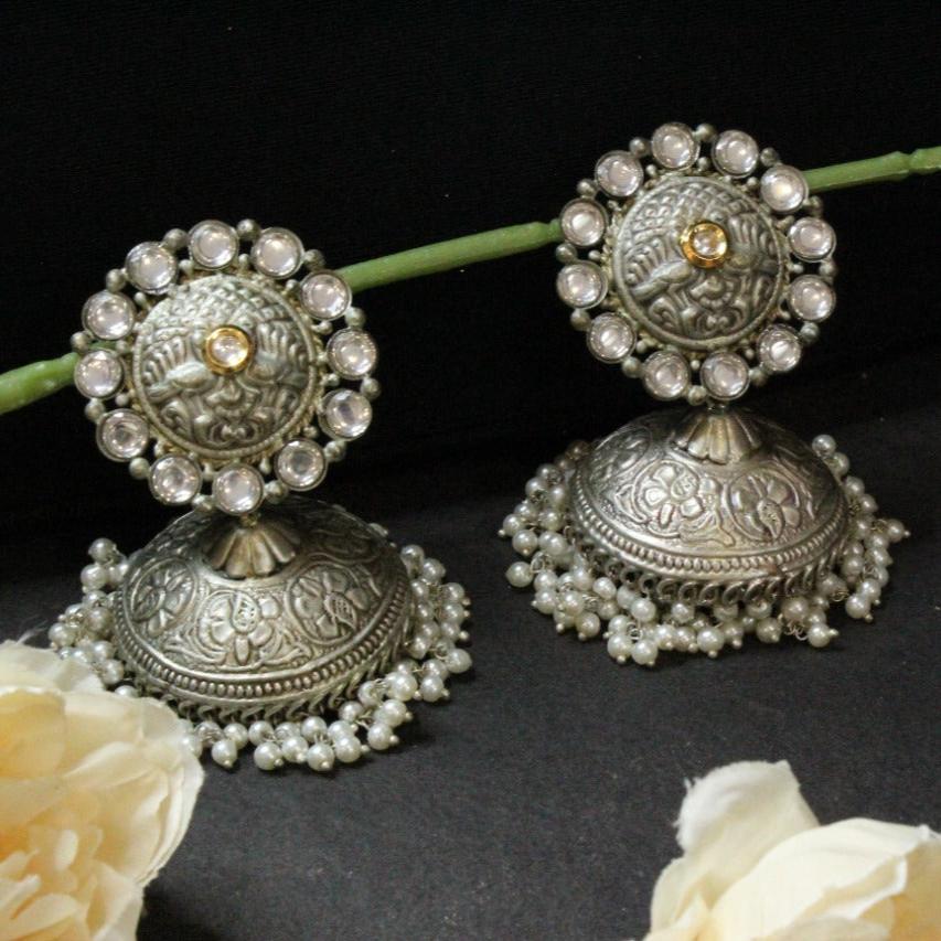 Silver Heavy Jhumka With Stones - The Bling Girll