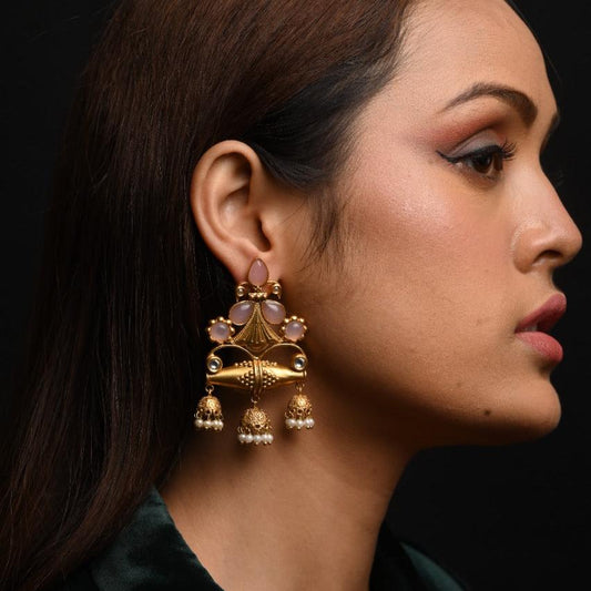 Gold Plated Kundan Studded Dome Shaped Danglers