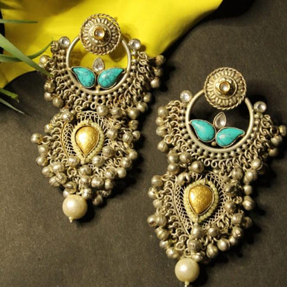 Silver Oxidised Danglers With Ruby Stone and Pearl Emblished