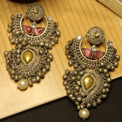 Silver Oxidised Danglers With Ruby Stone and Pearl Emblished