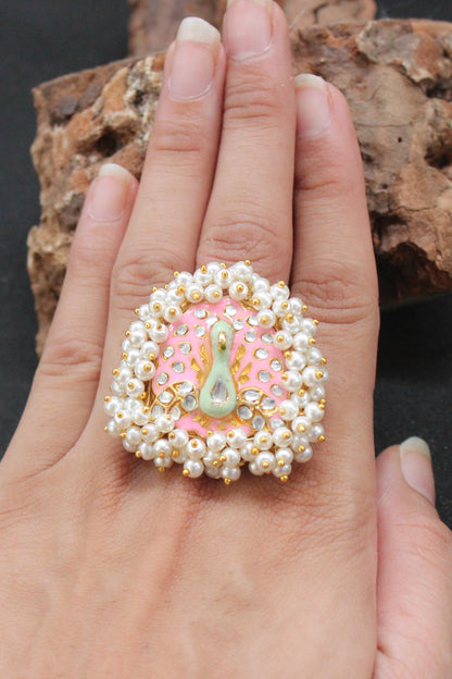 Hand painted Meenakari Cocktail Ring With Pearls