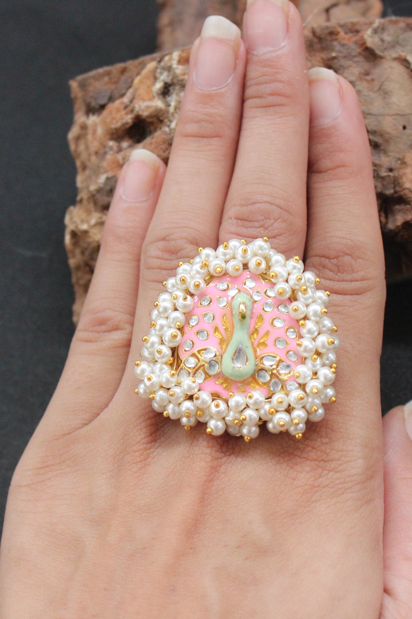 Hand painted Meenakari Cocktail Ring With Pearls